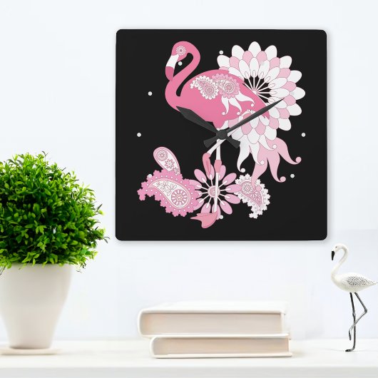 Modern Black Paisley Pink Flamingo Quadratische Wanduhr
