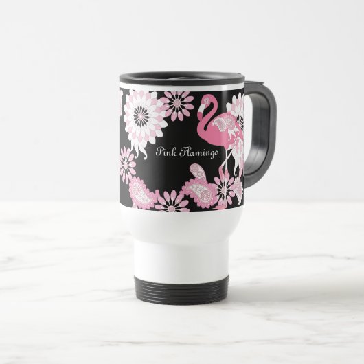 Modern Black Paisley Pink Flamingo Reisebecher (VorderseiteRechts)
