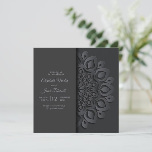 Modern Black Paper cut Mandala Peekaboo Wedding Einladung (Stehend Vorderseite)