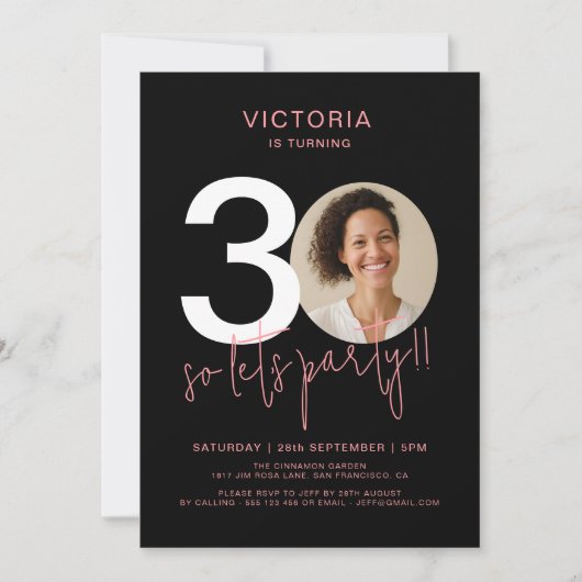 Modern Black Pink 30. Geburtstag Einladung (Vorderseite)