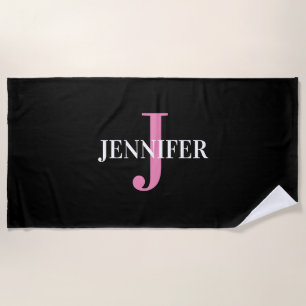 Modern Black Pink Minimalistisch Monogram Name Strandtuch