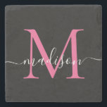 Modern Black Pink Monogram Feminine Script Name Steinuntersetzer<br><div class="desc">Eleganter Black Magenta Hot Pink Monogram Feminine Script Name Stone Untersetzer</div>