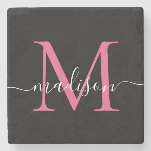 Modern Black Pink Monogram Feminine Script Name Steinuntersetzer (Vorderseite)