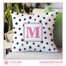 Modern Black Pink Polka Dots Monogram