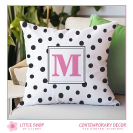 Modern Black Pink Polka Dots Monogram Kissen