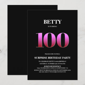 Modern Black Pink Überraschung 100. Geburtstag Einladung