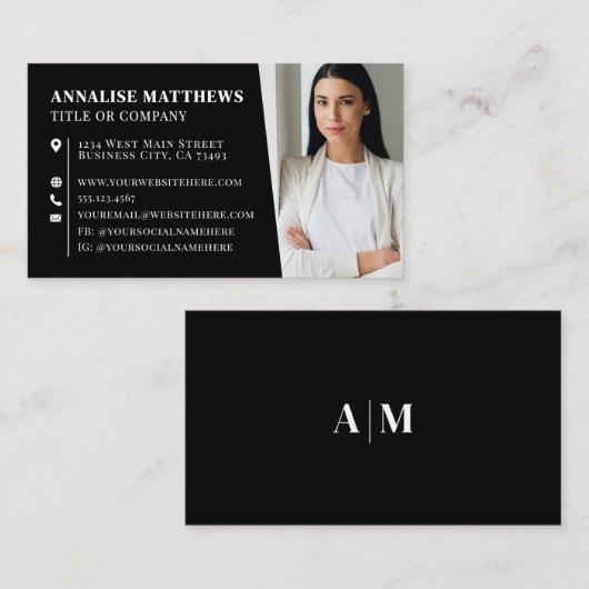 Modern Black Professional Photo Visitenkarte (Vorne/Hinten)