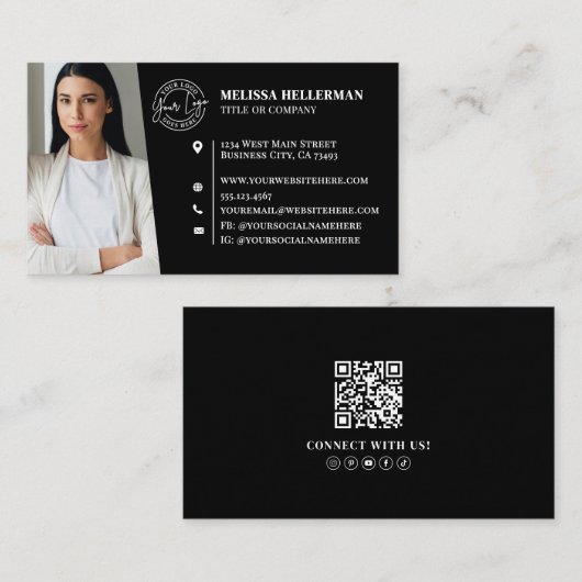 Modern Black Professional QR Code Photo Logo Visitenkarte (Vorne/Hinten)