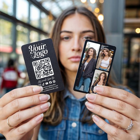 Modern Black QR Code Social Media Icons Logo Photo Visitenkarte