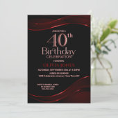 Modern Black Red 40. Geburtstag Party Einladung (Stehend Vorderseite)