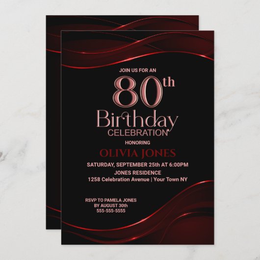 Modern Black Red 80. Geburtstagsparty Einladung (Vorne/Hinten)