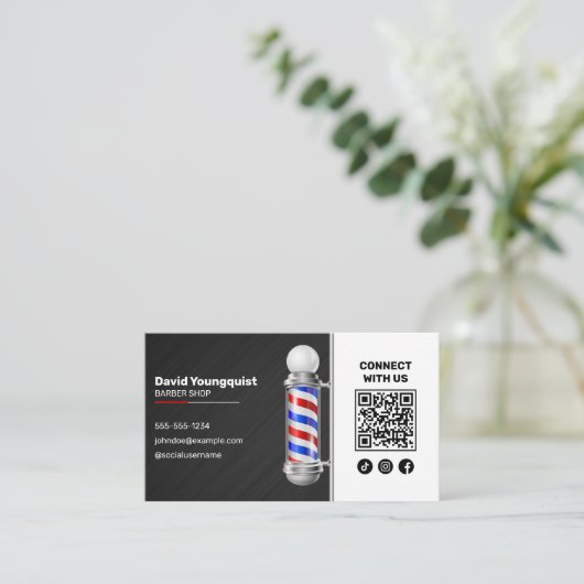 Modern Black Red Barber Shop Pole Verbinden Sie mi Visitenkarte (Stehend Vorderseite)