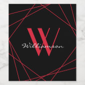 Modern Black Red Monogram Name Script Geometrisch Weinetikett (Einzelnes Label)