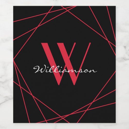 Modern Black Red Monogram Name Script Geometrisch Weinetikett (Einzelnes Label)