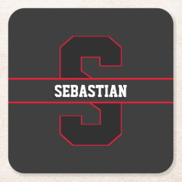 Modern Black Red White Personalisiert Monogram Rechteckiger Pappuntersetzer