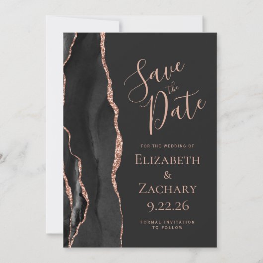 Modern Black Rose Gold Agate Save the Date Card (Vorderseite)