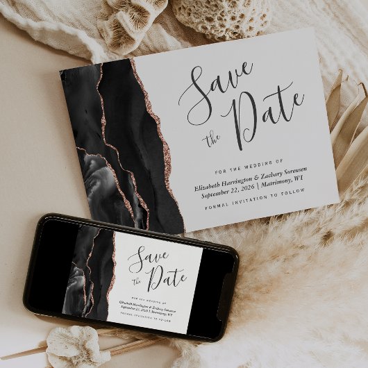 Modern Black Rose Gold Agate Save the Date Card Einladung