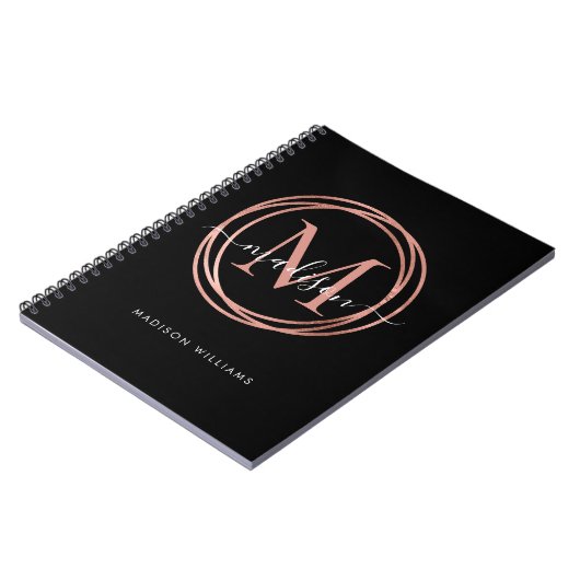 Modern Black Rose Gold Blush Pink Monogram Circle Notizblock (Linke Seite)
