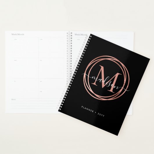Modern Black Rose Gold Blush Pink Monogram Circle Planer (Anzeige)