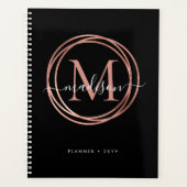 Modern Black Rose Gold Blush Pink Monogram Circle Planer (Vorderseite)