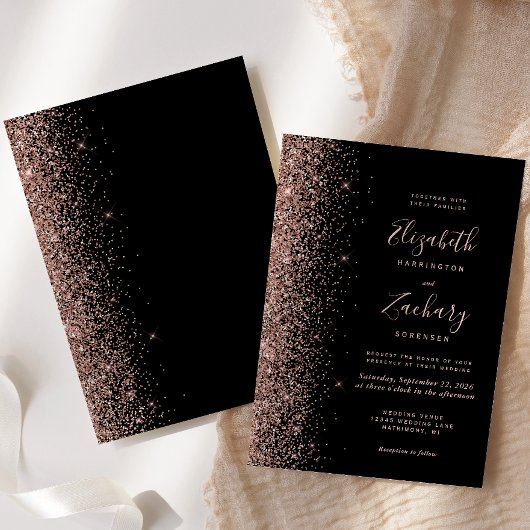 Modern Black Rose Gold Faux Glitter Edge Wedding Einladung