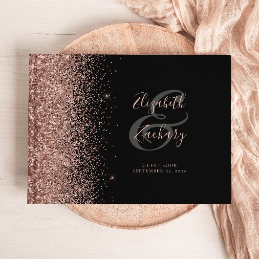 Modern Black Rose Gold Glitzer Script Gästebuch