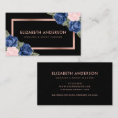 Modern Black Rose Gold Watercolor Blau Rosa Blüten Visitenkarte (Vorne/Hinten)