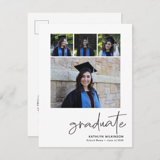 Modern Black Script 4 Foto Collage Abschluss Ankündigungspostkarte (Vorne/Hinten)