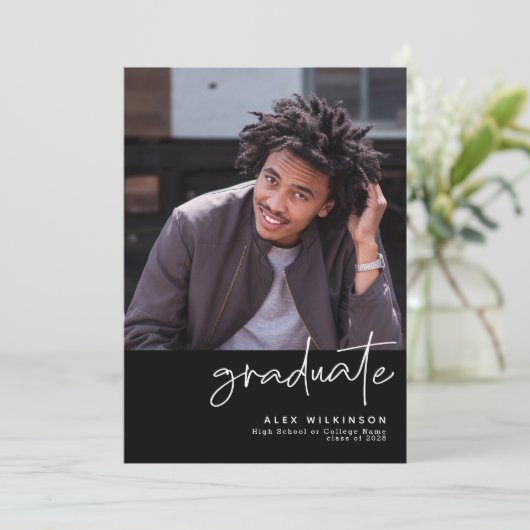 Modern Black Script 4 Foto Einfaches Abschluss Ankündigung (Stehend Vorderseite)