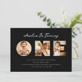 Modern Black Script Foto Collage Erster Geburtstag Einladung (Stehend Vorderseite)