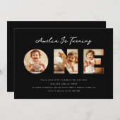 Modern Black Script Foto Collage Erster Geburtstag Einladung (Vorne/Hinten)