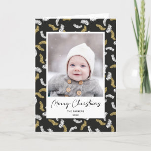 Modern Black Script Gold Pine Mistletoe Weihnachte Feiertagskarte