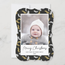 Modern Black Script Gold Pine Mistletoe Weihnachte