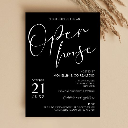 Modern Black Script Logo Business Open House Einladung