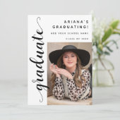 Modern Black Script Photo Graduation Party Ankündigung (Stehend Vorderseite)