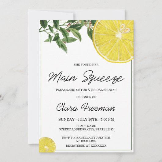 Modern Black Script Watercolor Lemon Brautparty Einladung (Vorderseite)