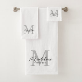Modern Black Script White Gray Initial Monogram Badhandtuch Set