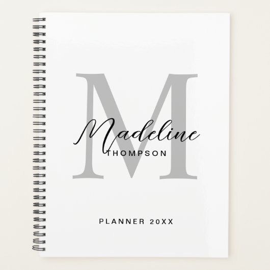 Modern Black Script White Gray Initial Monogram Planer (Vorderseite)