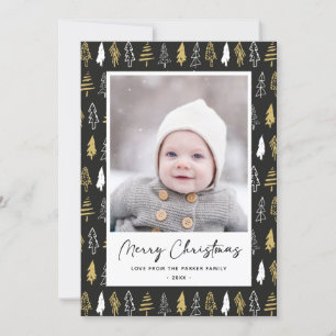 Modern Black Seamless Gold White Forest Pine Tree Feiertagskarte