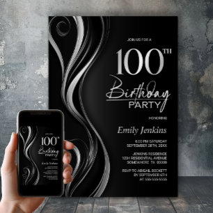 Modern Black Silver 100. Geburtstagsparty Einladung