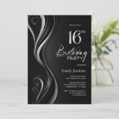 Modern Black Silver 16. Geburtstagsparty Einladung (Stehend Vorderseite)