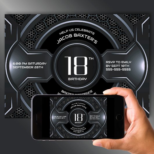 Modern Black Silver 18. Geburtstagsparty Einladung