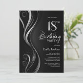 Modern Black Silver 18. Geburtstagsparty Einladung (Stehend Vorderseite)