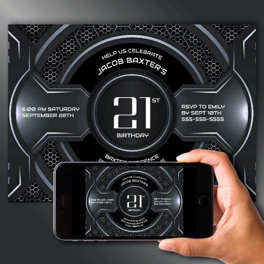 Modern Black Silver 21. Geburtstag Party Einladung