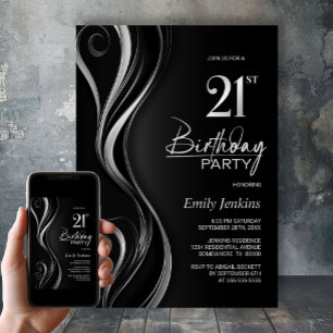 Modern Black Silver 21. Geburtstag Party Einladung