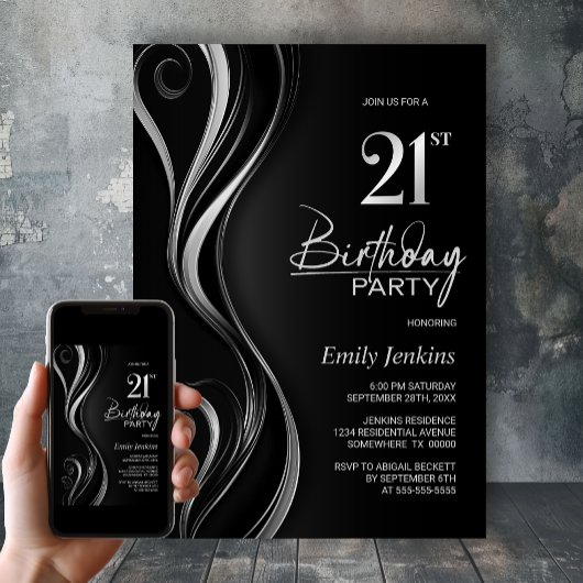 Modern Black Silver 21. Geburtstag Party Einladung