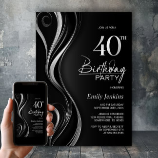 Modern Black Silver 40. Geburtstag Party Einladung