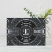 Modern Black Silver 40. Geburtstag Party Einladung (Stehend Vorderseite)