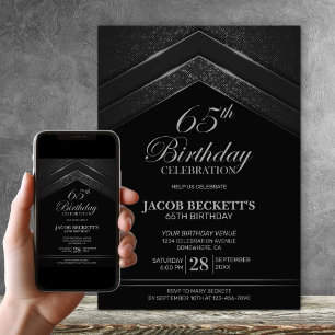 Modern Black Silver 65. Geburtstagsparty Einladung