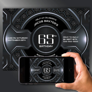 Modern Black Silver 65. Geburtstagsparty Einladung